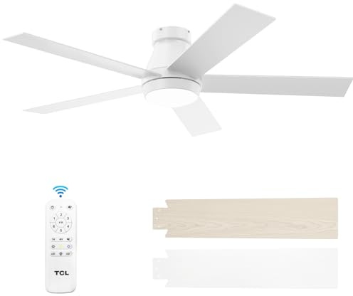 TCL 52 Modern Ceiling Fan with Lights, 5 Blades, 6 Speeds DC Reversible, Dimmable, White Flush Mount for Bedroom, Living Room and Garage