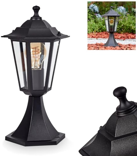 Außenwegeleuchte Loria, Sockelleuchte aus Metall/Glas in Schwarz/Klar, Wegeleuchte in antikem Look, 37 cm, Gartenlampe, Gartenbeleuchtung IP44, 1 x E27, ohne Leuchtmittel