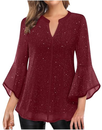 Blusa da Donna Elegante con Maniche a 3/4, Camicia con Volant, Glitzer, Top a Maglia con Patchwork, Party, Tunica, Tinta Unita, Scollo a V, Maglione, Doppio Strato, Longshirt, Leggera e Traspirante