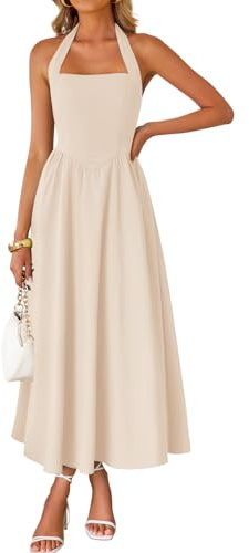 ZESICA Women's Summer Sleeveless Halter Midi Dress 2026 Off Shoulder High Waist Flowy Formal Wedding Guest Long Dresses Apricot Small