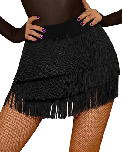 SEAUR Gonna da ballo latina per donne Gonna avvolgente con frange irregolari Salsa Tango Gonna da sala da ballo Gonna con nappa Rumba Abbigliamento da danza S M L XL, Nero , L