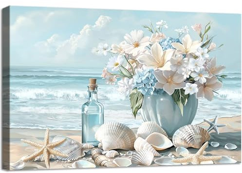 Wooden Framed Canvas Wall Art Blue Ocean Coastal Seascape Painting on Canvas Prints Poster Hydrangea Lilies Flower in Vase Pictures for Living Room Bedroom Home Hallway Corridor Wall Decor 30x40cm