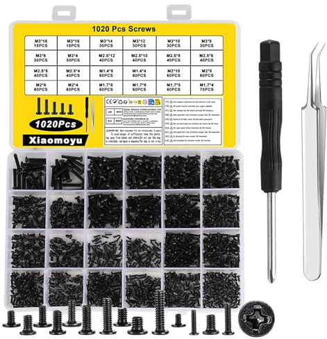 1020 Pcs Laptop Screws Set, M1.4 M1.7 M2 M2.5 M3 Small Flat Head Screws for Repair Universal Notebook PC Computer Electronic Screwss, Assorted Screw Assortment, with Screwdriver, Tweezers
