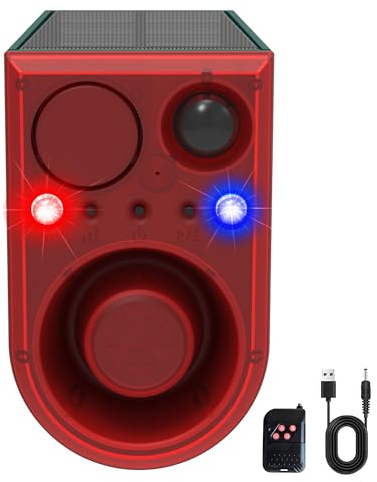 QXMH Alarma Solar con Sensor de Movimiento para Exteriores, Sonido de ladridos de Perro y Disparo, luz de Alarma con Detector de Movimiento de 130 db, con Control Remoto, 13 Tipos de Sonido, luz