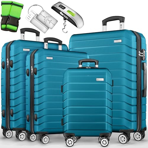 tillvex® Reisekoffer Set 4-teilig + Gepäckwaage, 8X Koffergurte & 4X Kofferanhänger | Kofferset 4 Rollen | Trolley Gepäck Koffer TSA Schloss | Hartschalenkofferset S-M-L-XL