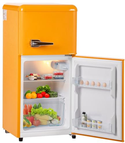 Réfrigérateur Avec Compartiment Congélateur De 22L, Combiné Réfrigérateur-Congélateur 60L, Hauteur De 86,8Cm, Largeur De 45,5Cm, Double Porte, 102Kwh/An, 7 Réglages De Température,Yellow