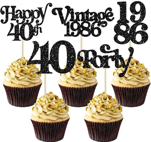 Gyufise 30Pcs 40th Birthday Cupcake Toppers Glitter Cheers to 40 Fabulous Forty Cupcake Picks Happy 40th Birthday Wedding Anniversary Party Cake Decorations Supplies Black