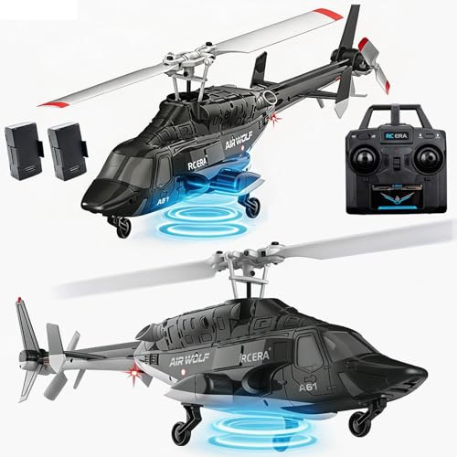 GQGQGQ A61 Airwolf Remote Controlled Helicopter Aircraft Plane 4CH RC Heli Aileronless 1/52 Scale 6-Axis Gyroscope Altitude Hold Optical Flow Position 2Batteries for Adults Beginners/Black White