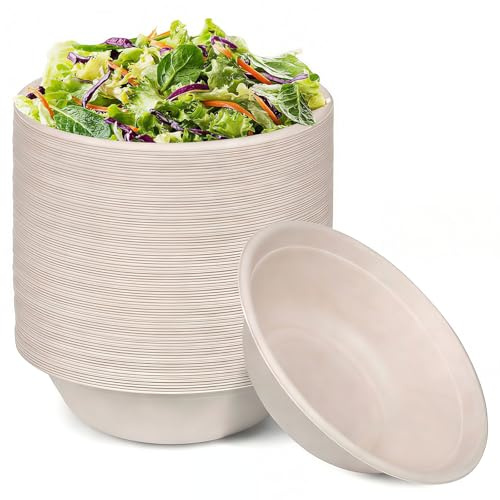 Kokoie 100 Stück Einweg Suppenschalen, 620ml Einweg Suppenschalen | Biologisch Abbaubar Pappschalen Rund Kompostierbare Starke Papierschalen für Grill Picknick Party Geburtstag Natur