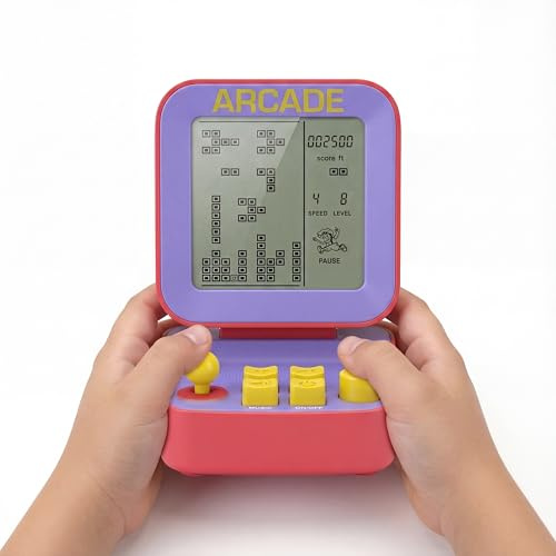 Silvergear® Retro Mini Arcade Konsole Desktop | Blockspiel Konsole 26 Spiele mit 99 Leveln | Mini Spielautomat Tischkonsole | 2 Bit LCD Bildschirm | Tragbare Retro Konsole | 9×6,5×9,5 cm | Rot Lila