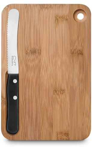 RICHARTZ Petit déjeuner Cut and eat Black Planche à petit-déjeuner en bambou avec couteau en acier inoxydable et support magnétique, planche en bois avec couteau, idéale pour la cuisine, le jardin