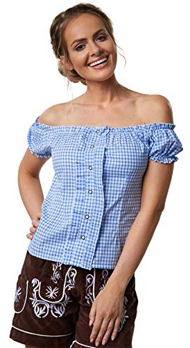 dressforfun 900618 Blusa tradicional con cuello Carmen y tira de botones, manga corta, cuadros blancos y azules, varios tamaños, multicolor, M