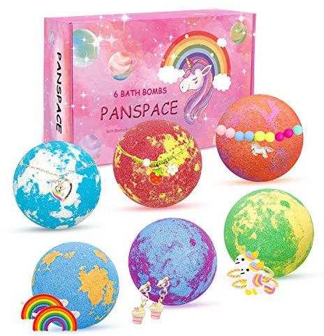 Panspace Bath Bombs Gift Set for Kids With Surprise Toy Inside - 6 Natural Handmade Spa Fizzies With Unicorn Jewellery - Birthday Christmas Gifts for Girls