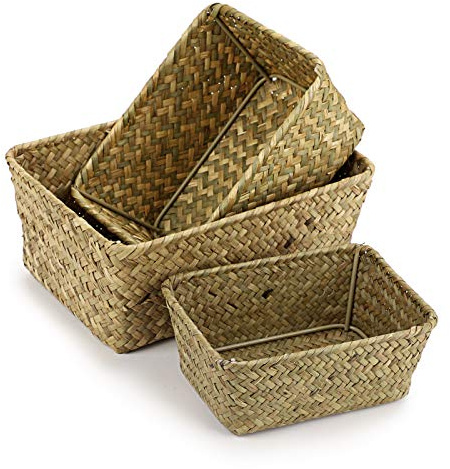 IGNPION 3er-Set Seegras-Aufbewahrungskorb Gewebter Seegras-Desktop-Korb Rechteckige Organizer Box Regale & Schreibtische Dekorativer Korb, kleine natürliche Farbe
