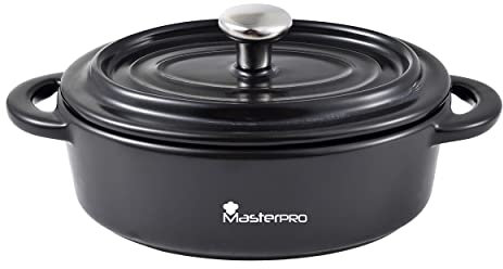 MasterPro Cook & Share | Casseruola in Gres | Design Ovale con Coperchio Colore Nero | 16 x 9,8 x 4,5 cm | Manici Ergonomici | Tegame per Ogni Piano Cottura | Per Lavastoviglie e Forno