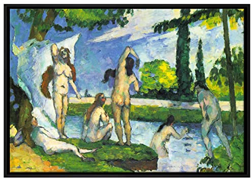 Pixxprint Paul Cézanne - Die Badenden Leinwandbild 80x60 cm im Bilderahmen, Wandbild, Schattenfugenrahmen, Kein Poster