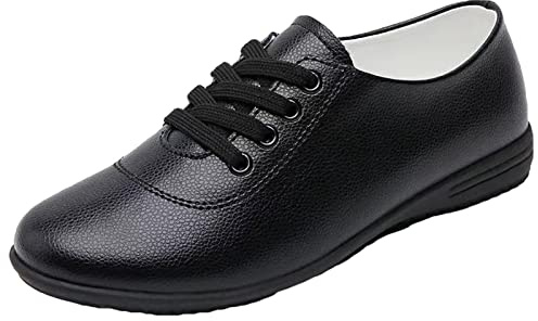 Women's Oxfords Lace Up Leather Walking Shoes Soft Bottom Lightweight Work Office Moccasins,Black,7 UK