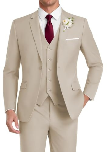 HUUTOE Costume 3 pièces élégant pour mariage, bal de fin d'année, affaires, blazer à un bouton, veste gilet et pantalon, smoking, pour homme, personnalisable, beige, Taille M