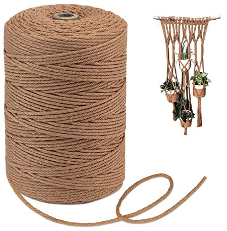 Makramee Baumwolle Garn 3 mm x 300 m Macrame Cord und Natürliche Baumwollgarn, Geflochtenes Baumwollseil für Pflanzenaufhänger, Wandbehang, Traumfänger Deko Schnur Stricken - Kaffeefarben
