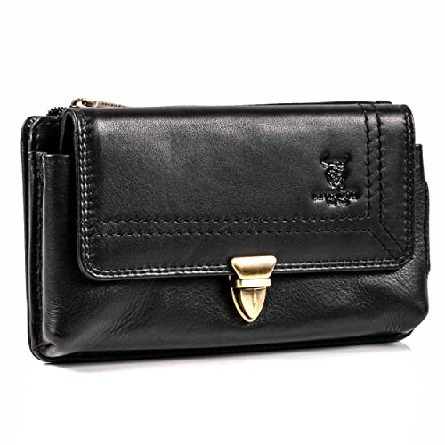 MATADOR 2in1 Echtleder Handy Gürteltasche mit Reißverschlussfach #Brisbane, mit edler Geschenkbox und RFID Schutz, Elegante Handytasche Leder für Smartphone bis 6,9 Zoll in Schwarz Nappa
