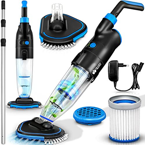tillvex Aspirapolvere per piscina con batteria, asta telescopica per piscina, con filtro e sistema a 2 velocità, set di pulizia senza fili (fino a 15 m³, con asta telescopica)