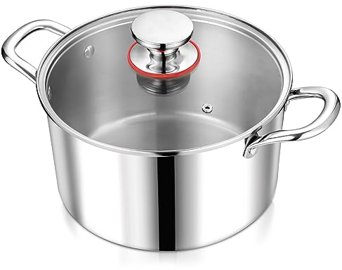 P&P CHEF 6 Quart Tri-Ply Stainless Steel Stock Pot, 6 Qt Stockpot Pasta Cooking Pot with Visible Lid for Soup Vegetable, Induction Cookware for All Stoves, Sturdy & Double Handle, Dishwasher Safe