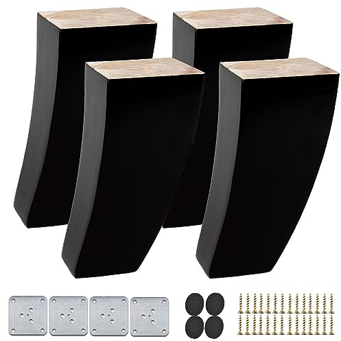 TCHOSUZ 6 inch / 15cm Wooden Furniture Legs, Set of 4 Mid Century Modern Solid Wood Black Curved Pyramid Square DIY Replacement Feet for Sofa Couch Armchair Bed Recliner Riser