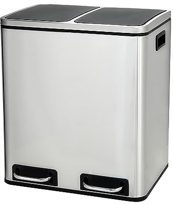 Panana Mülleimer, 2 x 15 L, 2 Fächer, Mülltrennsystem, Treteimer, Abfalleimer Küche, 15 Müllsäcke, aus Metall, Inneneimer aus Kunststoff, Klappdeckel, Schleißt sanft (1, Silber + Schwarz)