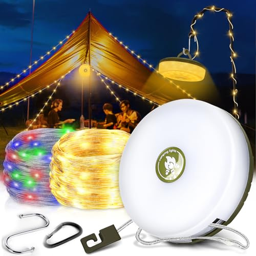 JONRRYIN Camping Lichterkette Aufrollbar, 10M Wasserdichte Tragbare Verstaubare Lichterkette für den Außen mit 8 Modi, Campinglampe über USB mit Haken, Außenlichterketten für Camping und Wandern