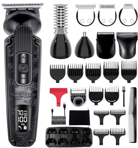 Hatteker Tondeuse barbe homme Tondeuse cheveux hommes Rasoir électrique pour homme Professionnel 8 en 1 Vitesse réglable Etanche Kit de toilettage visage nez corps (Noir)
