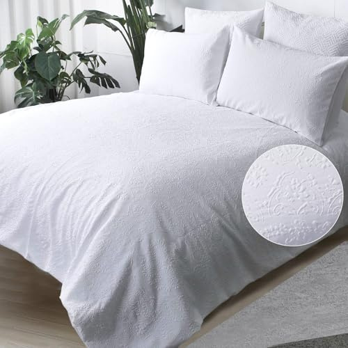 Chlophy Flower Duvet Cover Set White King Floral Damask Textured Embossed Bohemian Medallion Girls Bedding Set Jacquard Garland Mandala Crisp