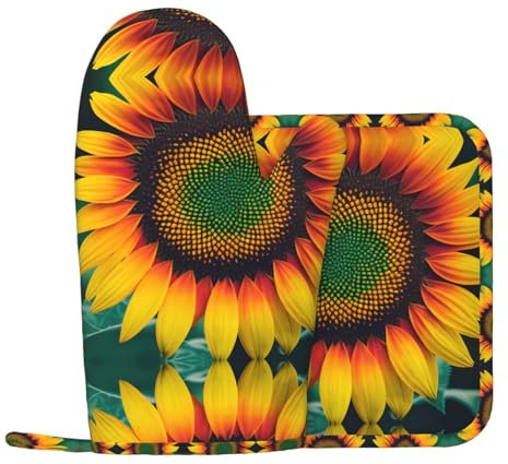 Guanti da forno in silicone con girasoli arcobaleno e presine, guanti da forno per grigliare e cuocere al forno