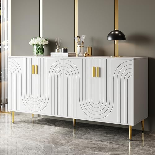 Azkoeesy 152 cm Sideboard, Küchenschrank, Küchenbuffet, in Weiß mit goldenen Beinen & Griffen, 4 Türen im Wellenstreifen-Design, für Wohnzimmer, Esszimmer