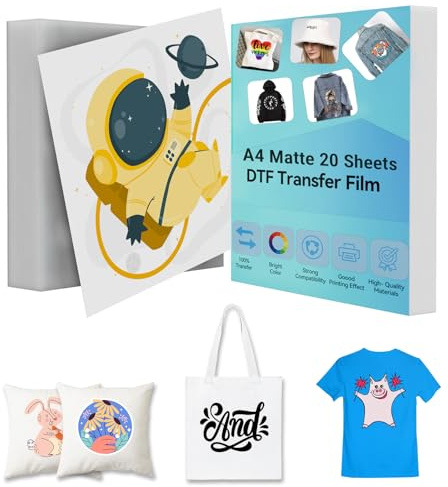 Creatorally DTF Transfer Film, Fogli DTF A4 Pellicola Transfer Carta Transfer Termoadesiva in Pet Bifacciale per Tutte Le Stampanti a Getto D'Inchiostro (Opaca, 20 Fogli)