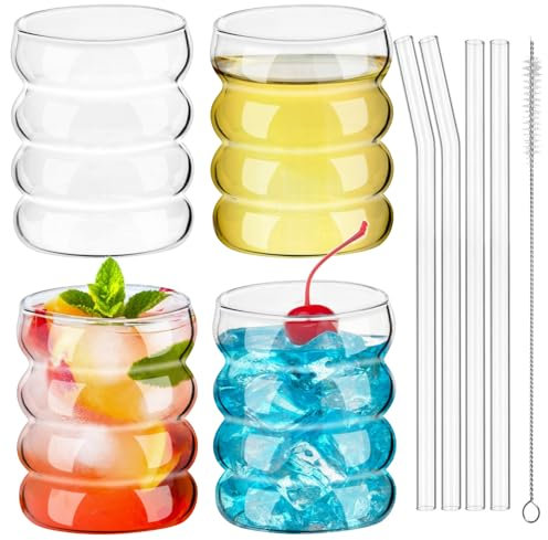 MINISOISO Lot de 4 Verres à Bulles en Verre, 350ml Verre à Cocktail, Verres à Boisson avec Paille et Brosse, Tasses à Café Glacé Ondulé pour Whisky Soda Jus Café Bière