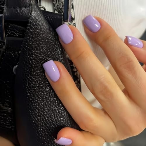 KQueenest Light Purple Press on Nails Short Square, Short False Nails, Glossy Solid Color Lavender Fake Nails Set, Natural Fit, Reusable Small Gel Stick on Nail for Women Decoration 24 Pcs