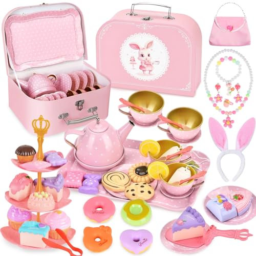 56Pcs Teeservice Kinder mit Dessert Rollenspiele, Teeparty Spielküche Rollenspiele für 3-8 Jahre Alte Kreative Geburtstagsgeschenke mit Hasenohren-Kopfschmuck, fünfteiliger Halskette, Handtasche, Rosa