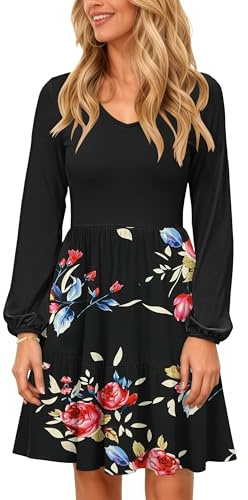 PLOKNRD Vestido de Cuello V Manga Larga de Mujer con Bolsillo Elegante Vestidos en Capas Falda Corta Casual de Otoño e Invierno Rosa Negra L