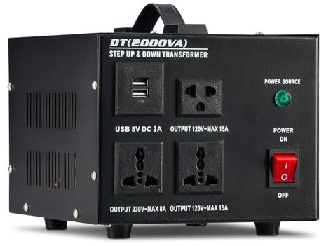 VONLUCE Transformador 220v a 110v Convertidor de Voltaje Certificado CE de 2000W Equipado con Enchufes de EU y US, 2 puertos USB de 5V