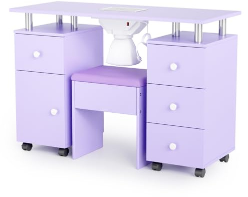 OmySalon Nail Desk and Chair Set, Manicure Table with Dust Collector, Arm Rest, 8 Wheels, Acetone Resistant Desktop, Drawers & Cabinet Storage for Makeup Beauty Salon (Lavender)