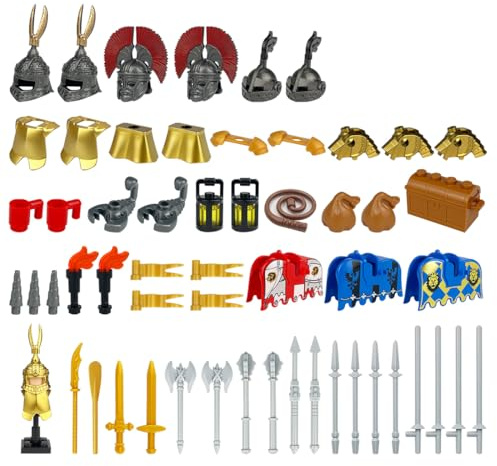 LootPop Mini Ritter Figuren Rüstungs Zubehör inklusive Helm, Rüstung Pferdedekorationen und Schatzrequisiten, Waffenzubehörpaket im römischen Stil, kompatibel mit bestehenden Marken-Figuren, 61Teile