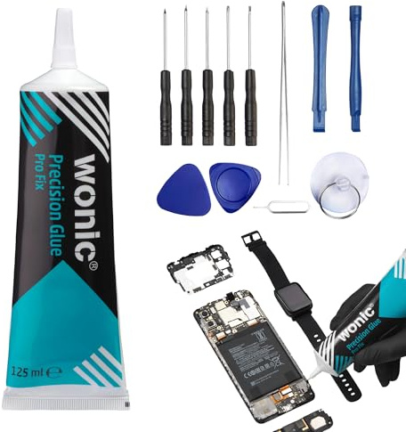 WONIC Precision Lim Pro FIX 125 ml mobilskärm | Reparation av smartphones och surfplattor | flexibel | Precision metallspets (svart, XXL-rör + 12-delat set)