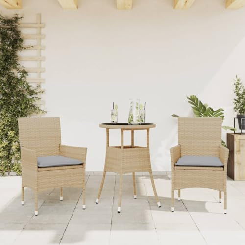 Teenpull 3-TLG. Garten-Essgruppe Beige aus robustem Poly Rattan, mit Hartglas-Tischplatte und bequemen Kissen, ideal für Balkon, Terrasse und Garten
