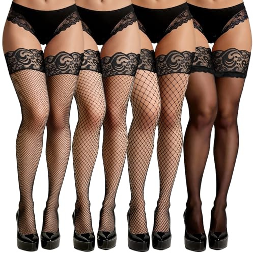 flintronic 4 Pezzi Calze a Rete Alte Fino Alla Coscia, Calze Slte Fino Alla Coscia Setose, Adatte per le Donne