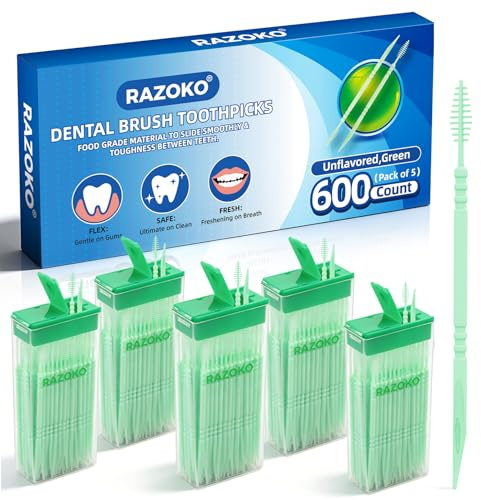 RAZOKO Interdental tandpetare för tandställningar och smala mellanrum mellan tänderna – 600 stycken (5 x 120) engångsrengöring, livsmedelssäker plast, med resefodral, smakneutral, grön | Engångsintervallsborste i livsmedelskvalitet med bärbar väska för resor och hem