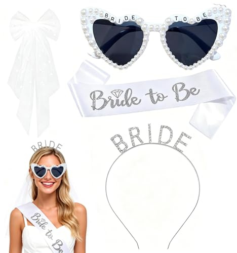 Bride to Be Tillbehörskit 4 Delar – Slöja med Rosett, Diadem med Stenar, Axelband och Solglasögon, Möhippa Dekorationer för Bröllopsfest