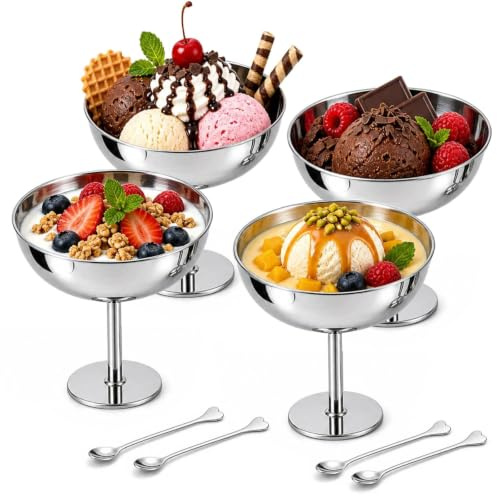 Lot 4 Coupe à Glace en Acier Ino, Bols Dessert avec Cuillere (type 1) | Bicchieri per Gelato in Acciaio Inox, 200ml Ciotola per Dessert, Ciotole per Gelato, per Matrimoni, Feste, Ristoranti