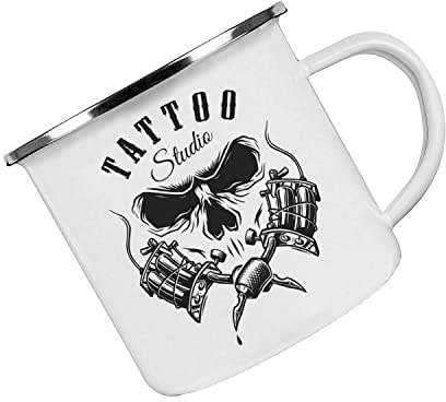 Crealuxe Emaille Tasse Tattoo Studio - Kaffeetasse mit Motiv, Campingtasse, bedruckte Emailletasse mit Wunschtext