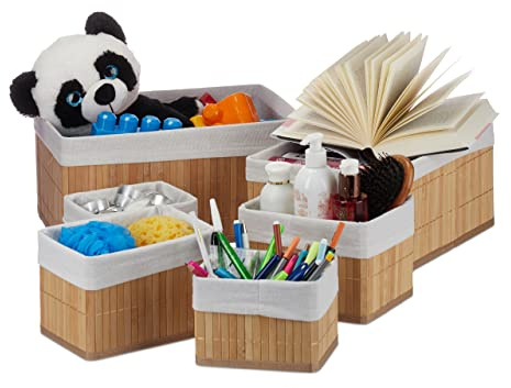 Relaxdays Aufbewahrungskorb 6er Set, mit Stoffbezug, Bambus, rechteckig, Bad, Accessoires, dekorativer Organizer, natur | rechteckig, Bad, Accessoires, dekorativer Organizer