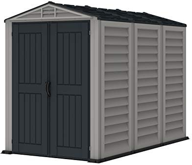 Duramax YardMate PLUS 5 x 8 (4.28 m2) Plastic Garden Shed with Heavy-Duty Plastic Floor, Strong Metal Roof Structure, Fire Retardant & Maintenance-Free Storage Shed, Dark Grey & Adobe